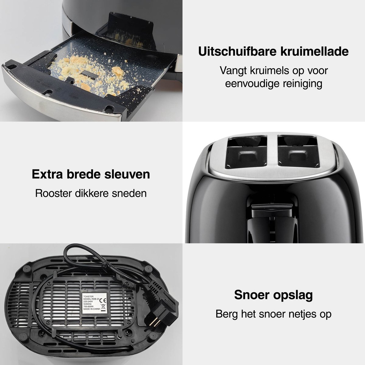 Omea Broodrooster Zwart - Broodrooster met Tostiklemmen - Retro - Extra Brede Sleuven - 7 Warmteniveaus - 850W thumbnail 5
