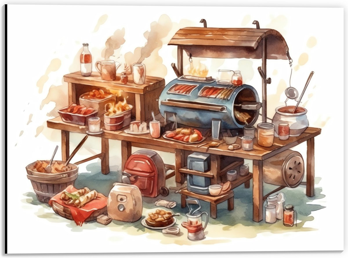 Dibond - Tekening van Barbecue - 40x30 cm Foto op Aluminium (Met Ophangsysteem)
