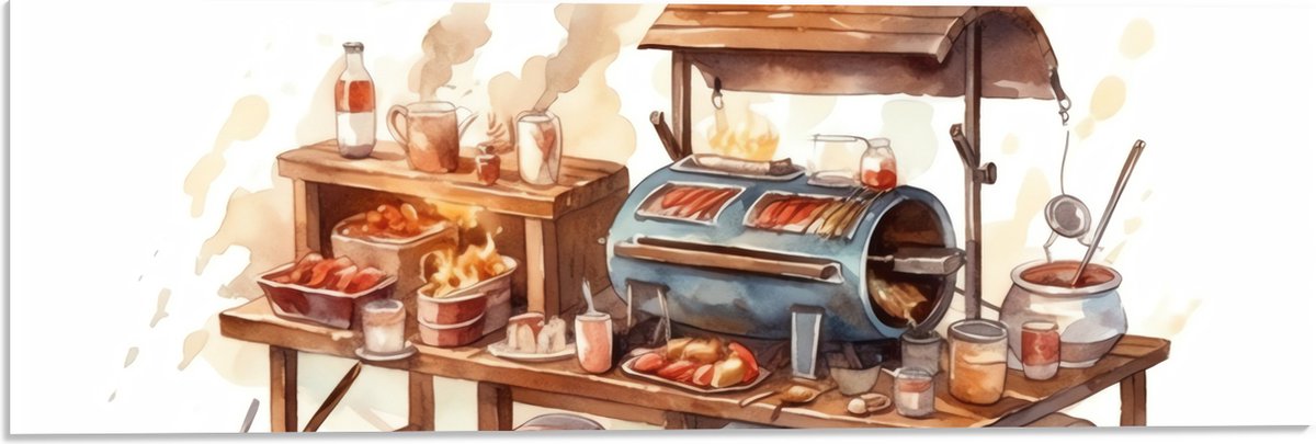 Acrylglas - Tekening van Barbecue - 60x20 cm Foto op Acrylglas (Met Ophangsysteem)