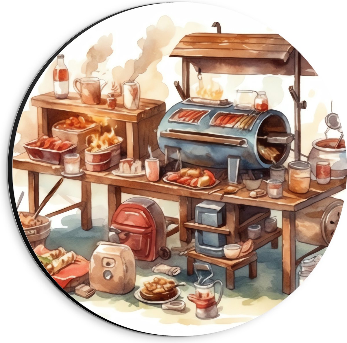 Dibond Muurcirkel - Tekening van Barbecue - 20x20 cm Foto op Aluminium Muurcirkel (met oph