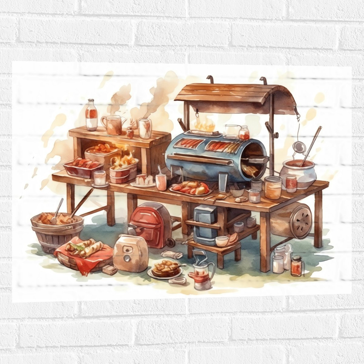 Muursticker - Tekening van Barbecue - 80x60 cm Foto op Muursticker