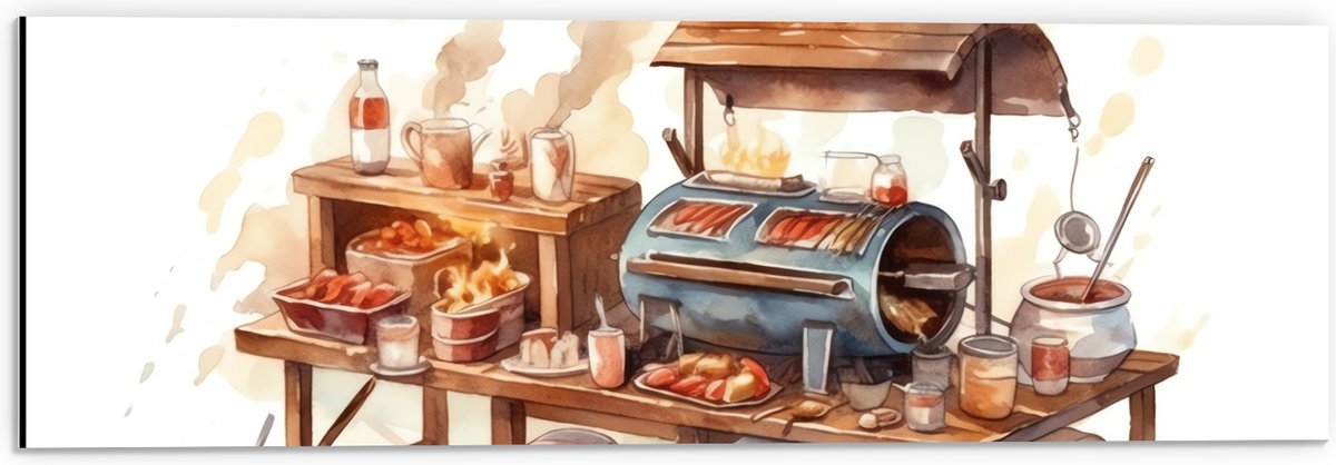 Dibond - Tekening van Barbecue - 60x20 cm Foto op Aluminium (Wanddecoratie van metaal)
