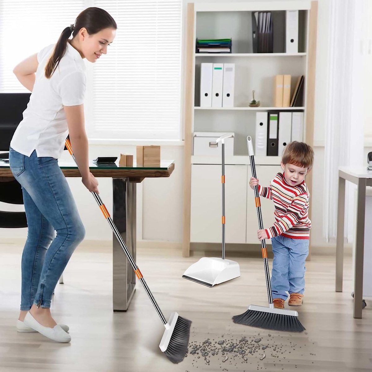 Balayette Et Pelle à Poussière En Acier Inoxydable - Manche Long, Tête Large, Pour Sols Durs, Maison, Bureau, Garage, Facile à Ranger