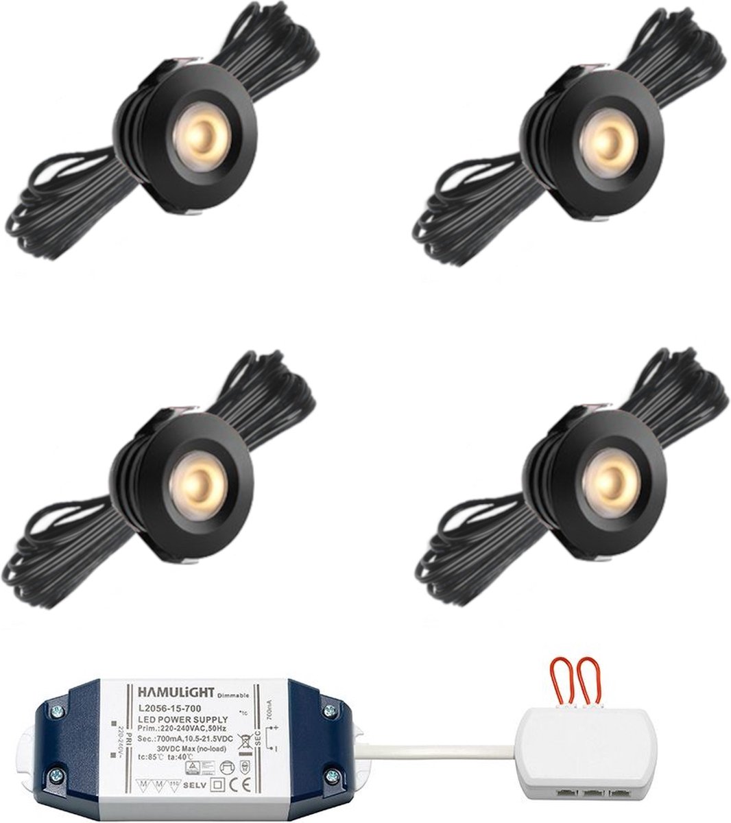 LED inbouwspot Pals bas zwart - inclusief trafo - inbouwspots / downlights / plafondspots / led spot / 3W / dimbaar / warm wit / rond / 230V / IP44 / - set van 4 stuks