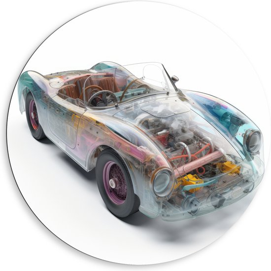 Dibond Muurcirkel - Doorzichte Auto met Gekleurde Onderdelen - 80x80 cm Foto op Aluminium Muurcirkel (met ophangsysteem)