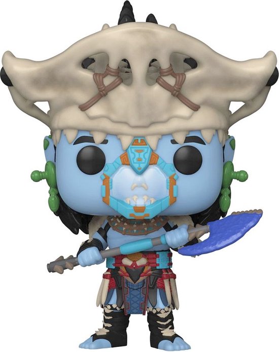 Attuma Funko Pop! met blauwe huid, bottenhelm en strijdbijl. Draagt kleurrijk harnas.