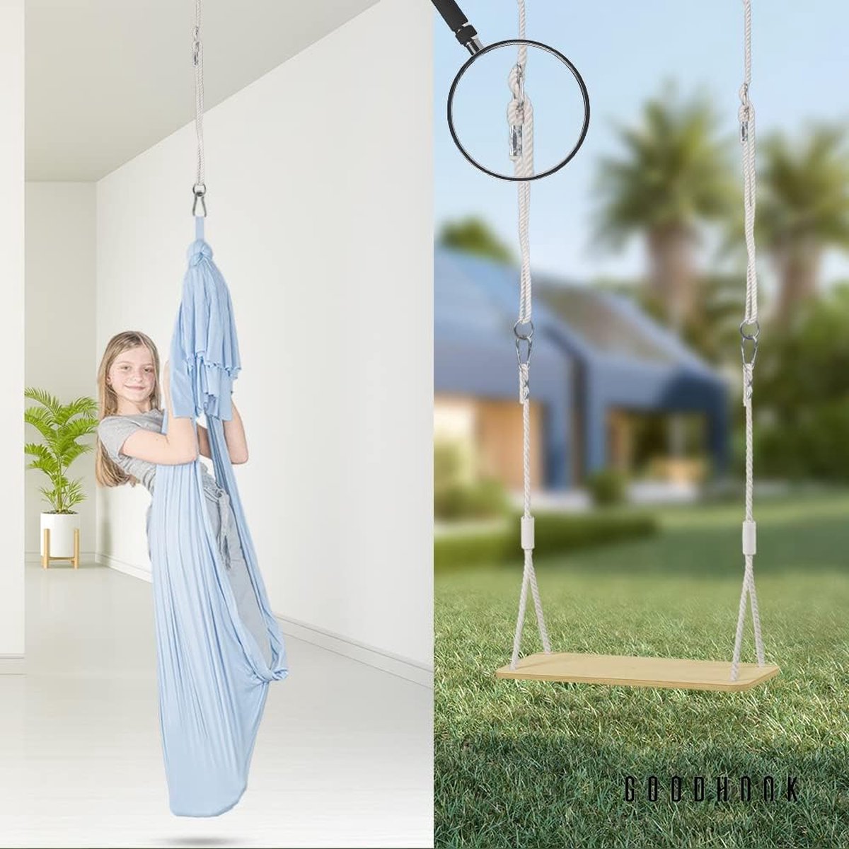 GHOOK Corde de balançoire 50 kg | 2 x rallonge de Corde de balançoire avec Mousqueton métallique | Corde Naturelle avec Mousqueton 100% ECO | Fabriqué dans l'UE (Rallonge de balançoire 2m
