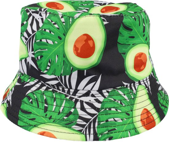 Bucket Hat Omkeerbaar Avocado Jungle Print Zwart Wit Groen Vissershoedje