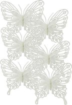 Decoris kerstboom decoratie vlinders op clip - 6x - wit - 13 cm