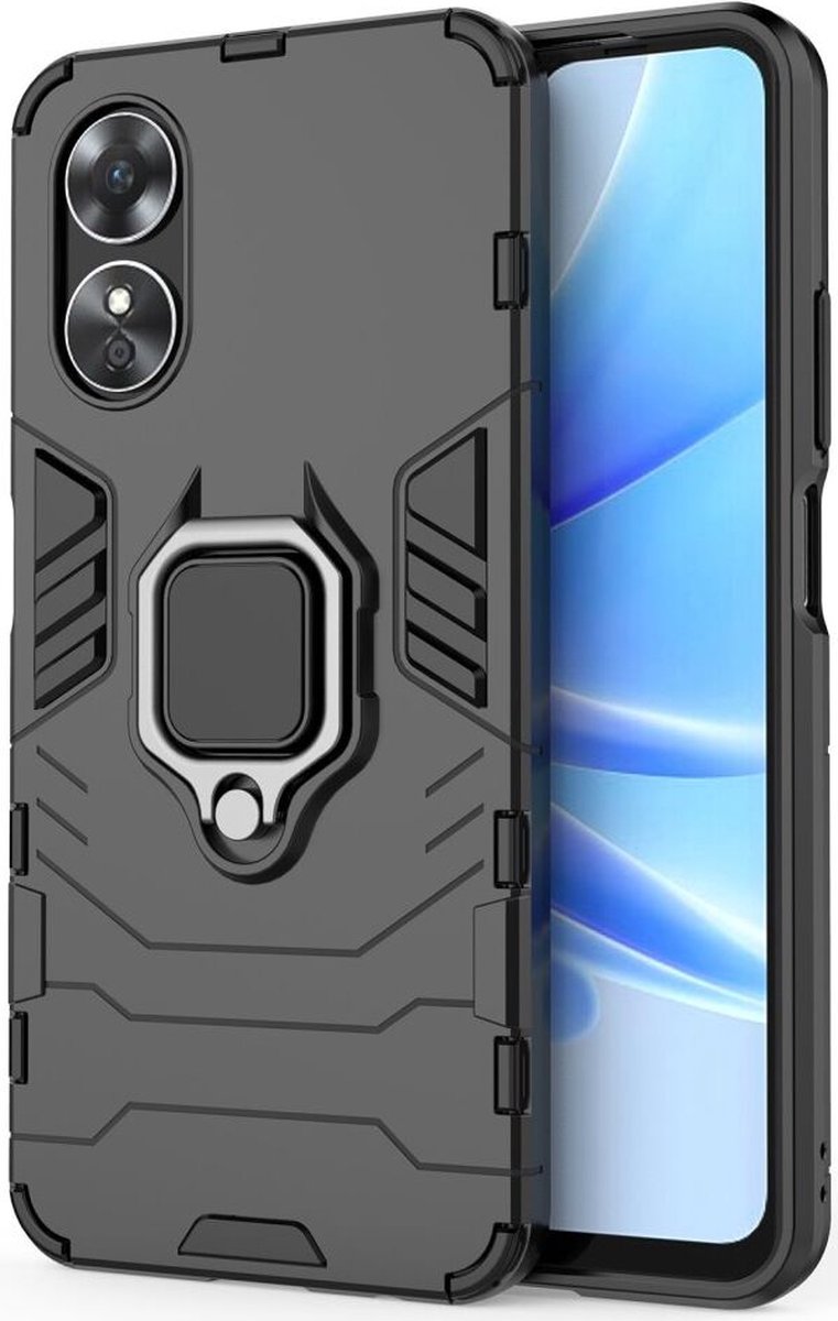 Oppo A17 Hoesje met Magnetische Kickstand Ring Zwart