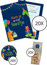 Uitnodiging kinderfeestje Compleet - Voordeelset 60 stuks : 20 uitnodigingskaarten + 20 uitdeelzakjes + 20 stickers - verjaardag feest - Dino Party