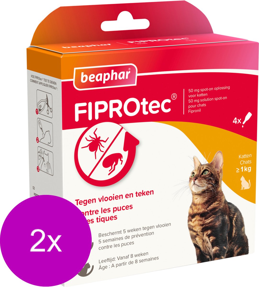 Bol.com Beaphar Fiprotec Cat - Anti vlooien en tekenmiddel - 2 x 3+1 pip >1kg aanbieding