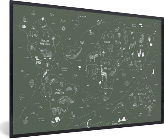 Fotolijst incl. Poster - Kaart - Wereld - Kinderen - Groen - 120x80 cm - Posterlijst