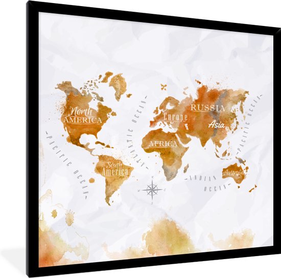 Affiche avec cadre Aquarelle - Cartes du monde - Or - 40x40 cm | bol