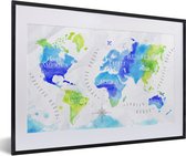Fotolijst incl. Poster - Wereldkaart - Waterverf - Groen - Blauw - 60x40 cm - Posterlijst