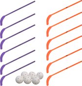 MDsport - Bâtons Unihockey - Bâtons de floorball - Bâtons de hockey en plastique - Set de 12 + 6 balles - Enseignement secondaire - Violet / Oranje