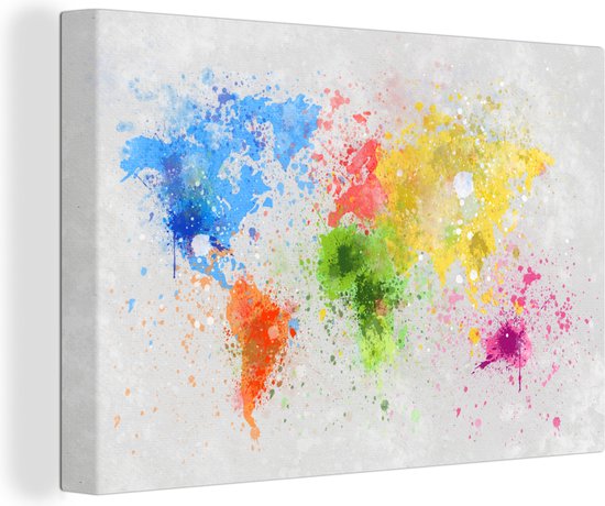 Canvas Wereldkaart - 60x40 - Wanddecoratie Wereldkaart - Abstract - Verf - Kinderen - Jongens - Meisjes