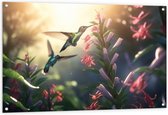 Tuinposter – Kolibries Vliegend bij Roze Plantgjes - 120x80 cm Foto op Tuinposter (wanddecoratie voor buiten en binnen)