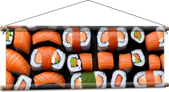 Textielposter - Patroon van Verse Japanse Sushi - 90x30 cm Foto op Textiel