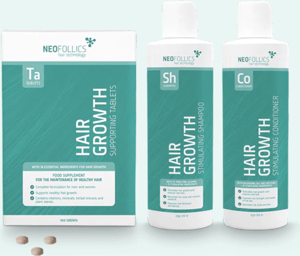 Neofollics Behandeling tegen Telogeen Effluvium (stress) - Shampoo 250ml - Conditioner 250ml - Tablets 100 stuks