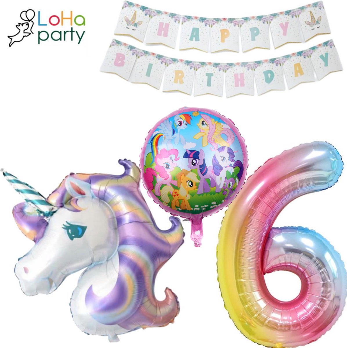 Loha-party® XXL Unicorns met XXL cijfer 6 Versiering ballonen-Littel pony-Folie Cijfer 6 Ballon -Eenhoorn Folie Ballon 6e Verjaardag Versiering-Unicorn Ballon Decoratie Feest Versiering-XXL-80cm Cijfer 6-Happy birthday-Folie ballonnen