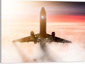 Dibond - Passagiersvliegtuig bij Zonsondergang door de Wolken - 80x60 cm Foto op Aluminium (Wanddecoratie van metaal)
