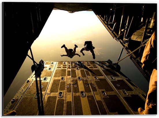 Dibond - Skydivers van Platform in Vliegtuig - 40x30 cm Foto op Aluminium (Met Ophangsysteem)