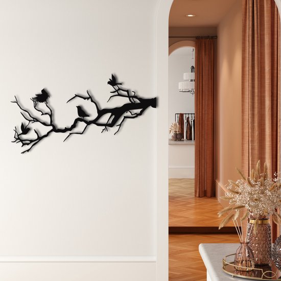 Wanddecoratie | Vogels op Tak / Birds on Branch| Metal - Wall Art | Muurdecoratie | Woonkamer | Buiten Decor |Zwart| 60x24cm