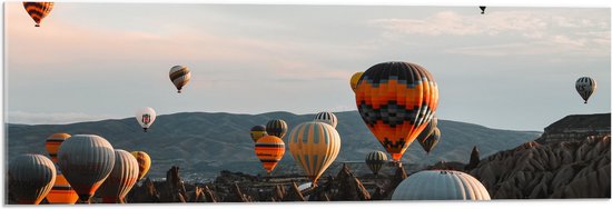 Acrylglas - Luchtballonnen in Verschillende Kleuren boven Hindoeïstische Tempels - 90x30 cm Foto op Acrylglas (Met Ophangsysteem)