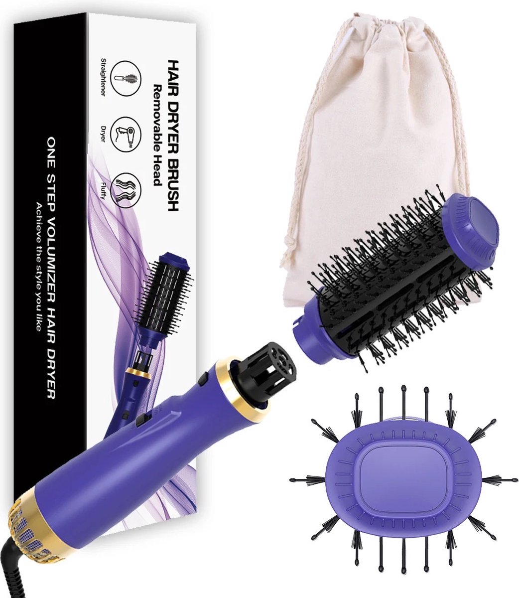 Blossombel 3 in 1 - Magic Brush Fohnborstel - Ovale Haardroger (6 cm diameter) - (1200W) Voluminiserende borstel- Tweedelig - Paars/Goud + gratis styling kammetje, haarband, 4 haarspelden en opbergtasje - cadeau voor haar