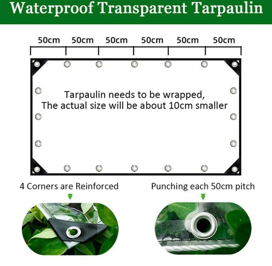 3 x 5 m waterdicht transparant pvc-zeil met ingestanste ringen, uv- bestendige en scheurvaste broeikasfolie voor tuin, balkon, bouwplaats en huisdierverblijf, weerbestendige bouwfolie met