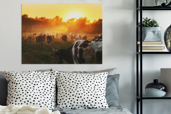 Tableau toile vache - Vache - Animaux - Nature - Coucher de soleil - Arbres - 80x60 cm - Toile - Décoration murale