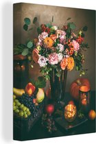 Canvas - Schilderij - Bloemen - Pompoen - Fruit - Herfst - Stilleven - Schilderijen op canvas - Foto op canvas - 90x120 cm - Canvas doek - Wanddecoratie - Slaapkamer