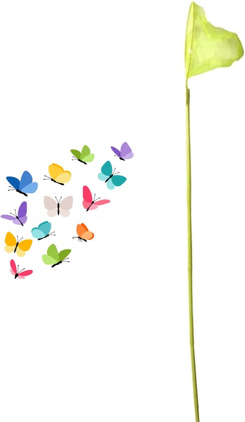 Een geel vlindernet met bamboe handvat en een groep kleurrijke vlinders