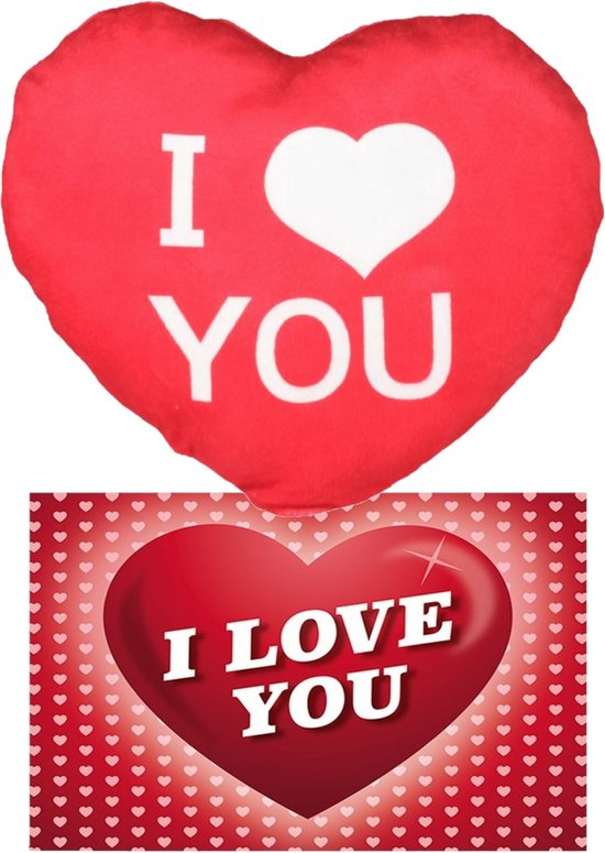 I Love You Set - Hartjes kussen met ansichtkaart - Rood - 25 cm