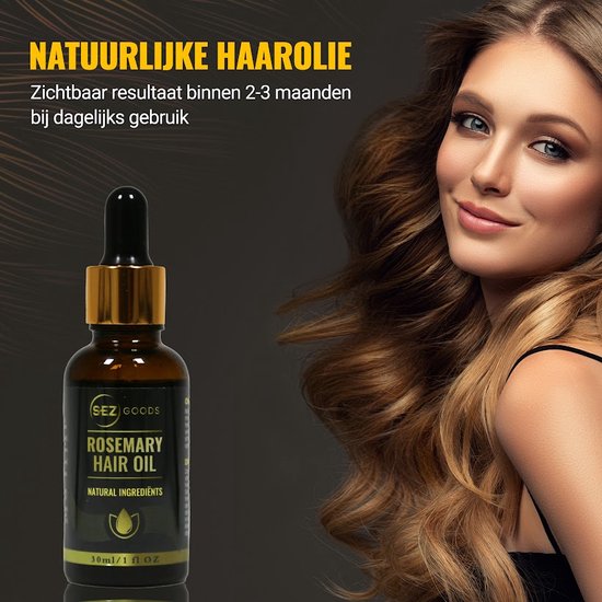 Model met glanzend, blond, golvend haar, glimlachend naar de camera. Naast haar staat een flesje rozemarijn haarolie. Zichtbaar resultaat binnen 2-3 maanden bij dagelijks gebruik.