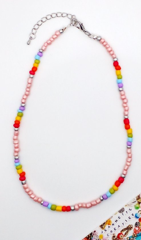 Jeannette-Creatief® - Beach - Regenboog 01 - Dames Ketting - Choker - Rocailles - kralenketting - ketting met kralen - kralen - Rainbow ketting - Roze ketting - Zilver - Festival