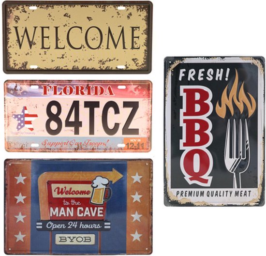 Cadeau pakket 4x Wandbord – Mancave - Vintage - Retro - Wanddecoratie – Reclame bord – Restaurant – Kroeg - Bar – Cafe - Horeca – Metal Signs – Cadeau mannen - Heren