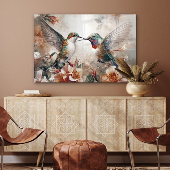 MuchoWow® Peinture sur verre 90x60 cm - Peinture sur verre - Colibri - Vogels - Fleurs - Nature - Photo sur verre acrylique - Peintures