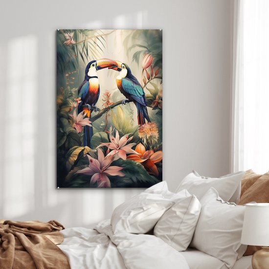 MuchoWow® Peinture sur verre - Toucan - Vogels - Fleurs - Nature - Jungle - 80x120 cm - Peintures sur verre acrylique - Photo sur Glas