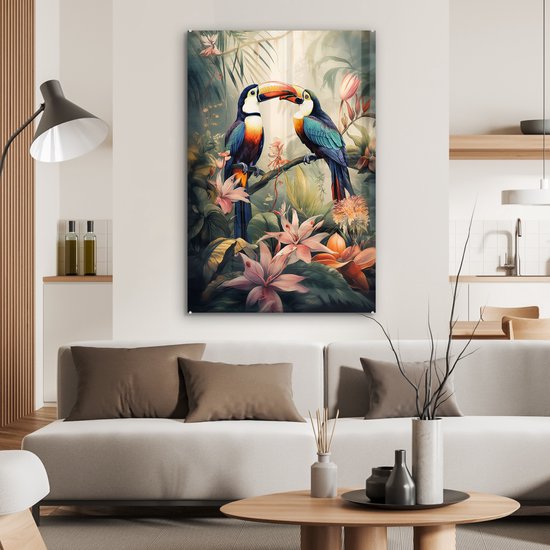 MuchoWow® Peinture sur verre - Toucan - Vogels - Fleurs - Nature - Jungle - 80x120 cm - Peintures sur verre acrylique - Photo sur Glas