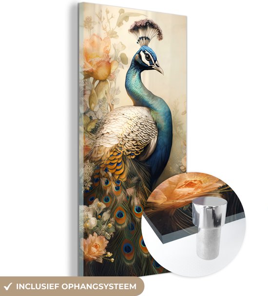MuchoWow® Glasschilderij 60x120 cm - Schilderij acrylglas - Pauw - Pauwenveren - Bloemen - Vogels - Botanisch - Foto op glas - Schilderijen