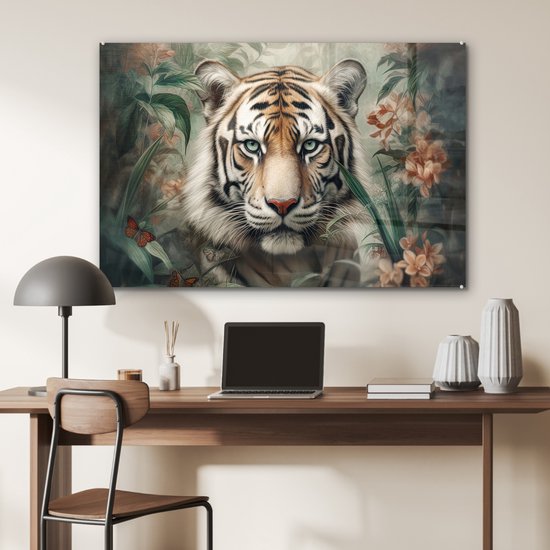 Glasschilderij - Tijger - Bloemen - Blinder - Dieren - Natuur - Glasplaat - Foto op glas - Glasschilderijen woonkamer - Schilderij op glas - 120x80 cm - Muurdecoratie - Wanddecoratie - Slaapkamer - Kamer decoratie