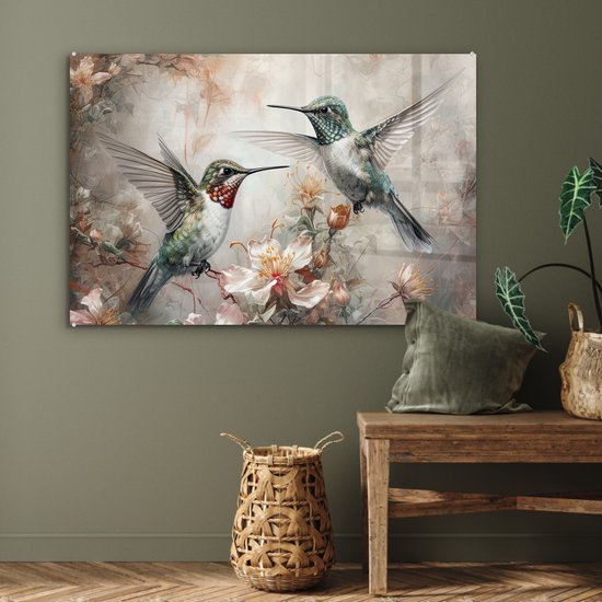 MuchoWow® Glasschilderij 120x80 cm - Schilderij acrylglas - Kolibrie - Vogels - Bloemen - Planten - Foto op glas - Muurdecoratie woonkamer - Wanddecoratie slaapkamer - Schilderijen