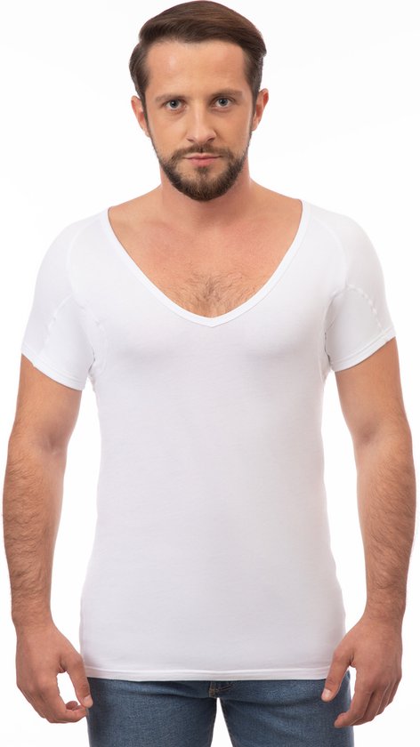 ConfidenceForAll® Anti zweet shirt - met sweatproof okselpads - Heren Diepe V-hals - Katoen Wit maat L