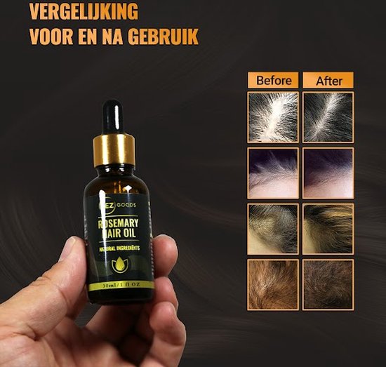 Hand houdt een flesje SEZ GOODS rozemarijn haarolie vast. Rechts een collage van vier 'voor' en 'na' foto's van haarbehandelingen.