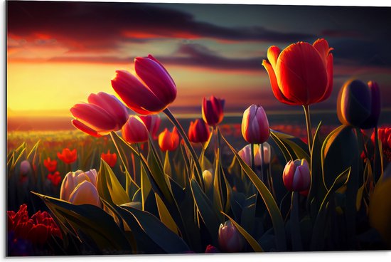 Dibond - Kleurrijke Tulpen in Bloemenveld - 75x50 cm Foto op Aluminium (Wanddecoratie van metaal)