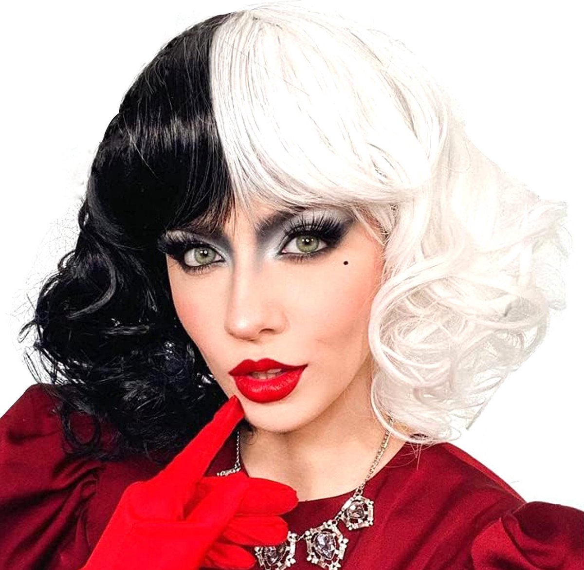 IEEILULU Cruella Devil kostuum voor dames, Cruella kostuum voor dames met pruik en handschoenen, zwart en wit dalmatiërvlek jurk voor carnaval Halloween feest (L