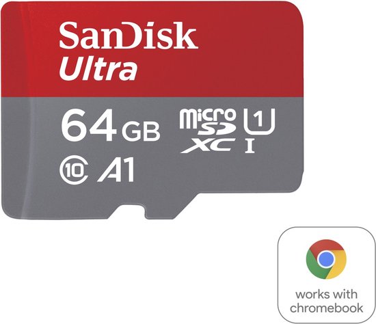 Rode en grijze SanDisk Ultra 64 GB MicroSDXC kaart met 'works with chromebook' logo.