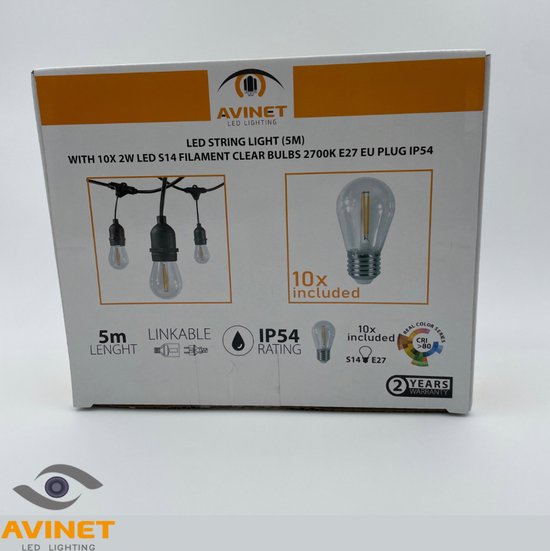 Avinet Safety AV-713 LED STRING LIGHT (5M) WITH 10x S14-FILAMENT CLEAR BULBS E27-2 W – 2700K + 3m Extra cable EU PLUG IP54